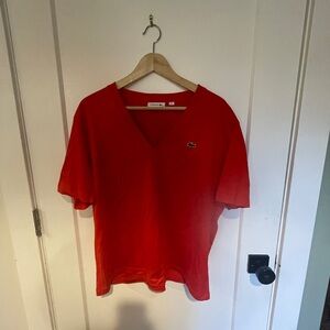 Lacoste Women's Red Relaxed V-Neck Tee